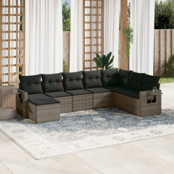 8 Pcs conjunto sofás de jardim c/ almofadões vime PE cinzento