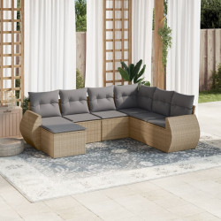 7 Pcs conjunto de sofás p/ jardim com almofadões vime PE bege