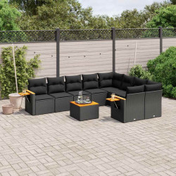10 Pcs conjunto sofás de jardim c/ almofadões vime PE preto