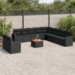 12 Pcs conjunto de sofás de jardim c/ almofadões vime PE preto