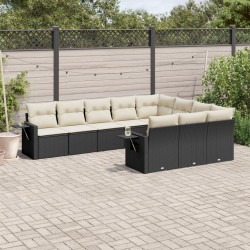 10 Pcs conjunto sofás de jardim c/ almofadões vime PE preto