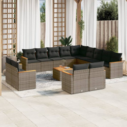 14 Pcs conjunto sofás p/ jardim c/ almofadões vime PE cinzento