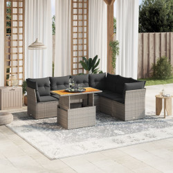7 Pcs conjunto sofás p/ jardim c/ almofadões vime PE cinzento