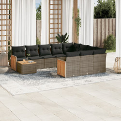 11 Pcs conjunto sofás de jardim c/ almofadões vime PE cinzento