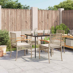 5 Pcs conjunto de jantar p/ jardim com almofadões vime PE bege