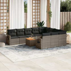 11 Pcs conjunto sofás de jardim c/ almofadões vime PE cinzento