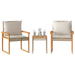 3 Pcs conj. bistrô c/ almofadões vime PE/acácia mistura beges