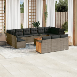 14 Pcs conjunto sofás p/ jardim c/ almofadões vime PE cinzento