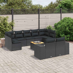 10 Pcs conjunto sofás de jardim c/ almofadões vime PE preto