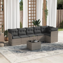 7 Pcs conjunto sofás p/ jardim c/ almofadões vime PE cinzento