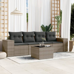 5 Pcs conjunto sofás de jardim c/ almofadões vime PE cinzento