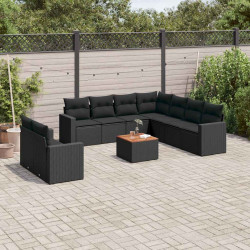 10 Pcs conjunto sofás de jardim c/ almofadões vime PE preto