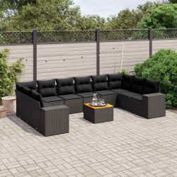 11 Pcs conjunto sofás de jardim c/ almofadões vime PE preto