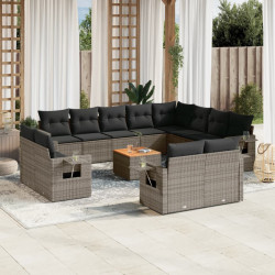 13 Pcs conjunto sofás p/ jardim c/ almofadões vime PE cinzento