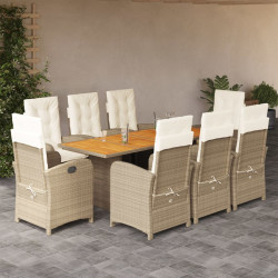9 Pcs conjunto de jantar p/ jardim com almofadões vime PE bege