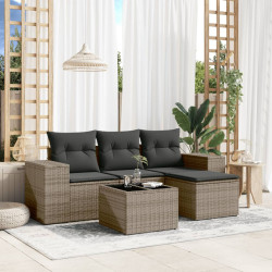 5 Pcs conjunto sofás de jardim c/ almofadões vime PE cinzento