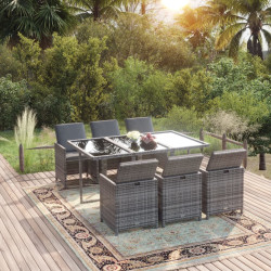 7 Pcs conjunto de jantar p/ jardim c/ almofadões vime PE cinza