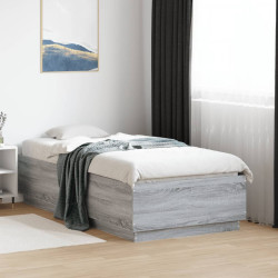 Estrutura cama c/ luzes LED derivados madeira cinzento sonoma