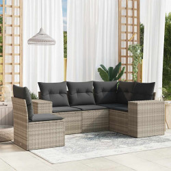 5 Pcs conj. sofás jardim c/ almofadões vime PE cinzento-claro