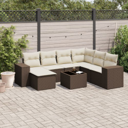8 Pcs conjunto sofás de jardim c/ almofadões vime PE castanho