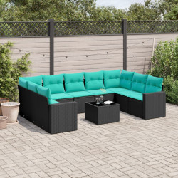 10 Pcs conjunto de sofás p/ jardim c/ almofadões vime PE preto