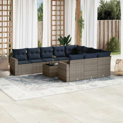 11 Pcs conjunto sofás de jardim c/ almofadões vime PE cinzento