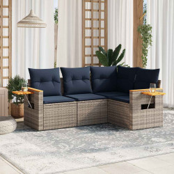 4 Pcs conjunto sofás p/ jardim c/ almofadões vime PE cinzento
