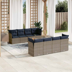 9 Pcs conjunto sofás p/ jardim c/ almofadões vime PE cinzento