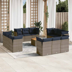 13 Pcs conjunto sofás p/ jardim c/ almofadões vime PE cinzento