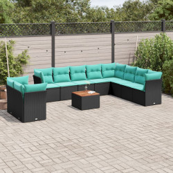 11 Pcs conjunto sofás de jardim c/ almofadões vime PE preto