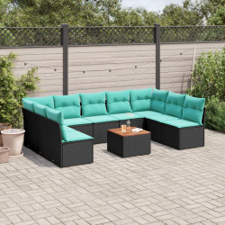 10 Pcs conjunto de sofás p/ jardim c/ almofadões vime PE preto
