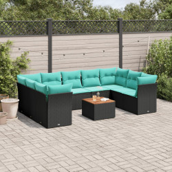 10 Pcs conjunto de sofás p/ jardim c/ almofadões vime PE preto