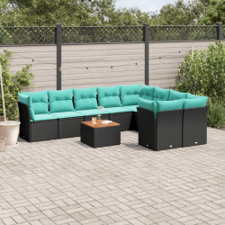 10 Pcs conjunto de sofás p/ jardim c/ almofadões vime PE preto