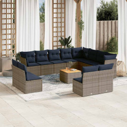 13 Pcs conjunto sofás p/ jardim c/ almofadões vime PE cinzento