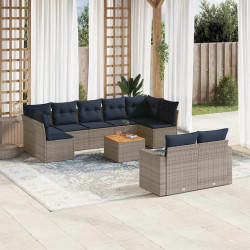 10 Pcs conjunto sofás p/ jardim c/ almofadões vime PE cinzento