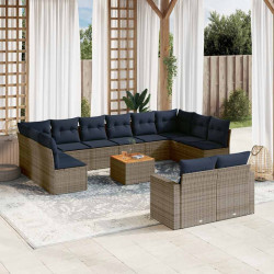 13 Pcs conjunto sofás p/ jardim c/ almofadões vime PE cinzento