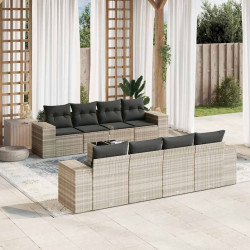 9 Pcs conj. sofás jardim com almofadões vime PE cinzento-claro