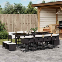 13 Pcs conjunto de jantar p/jardim com almofadões vime PE preto