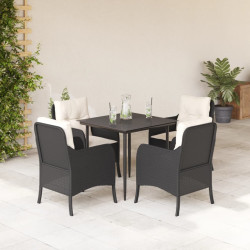 5 Pcs conjunto de jantar p/ jardim c/ almofadões vime PE preto