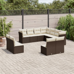 11 Pcs conjunto sofás de jardim c/ almofadões vime PE castanho