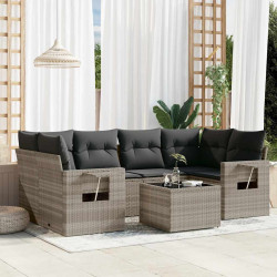 7 Pcs conj. sofás jardim com almofadões vime PE cinzento-claro