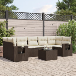 8 Pcs conjunto sofás de jardim c/ almofadões vime PE castanho