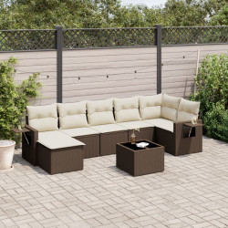 8 Pcs conjunto sofás de jardim c/ almofadões vime PE castanho