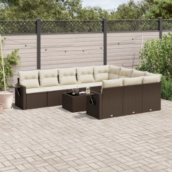 11 Pcs conjunto sofás de jardim c/ almofadões vime PE castanho