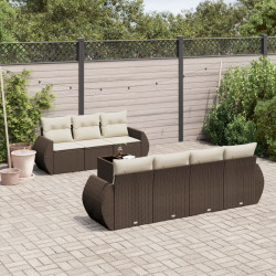 8 Pcs conjunto sofás de jardim c/ almofadões vime PE castanho