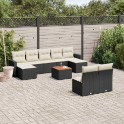 10 Pcs conjunto sofás de jardim c/ almofadões vime PE preto