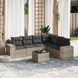 7 Pcs conj. sofás jardim com almofadões vime PE cinzento-claro