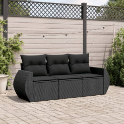 3 Pcs conjunto sofás de jardim com almofadões vime PE preto
