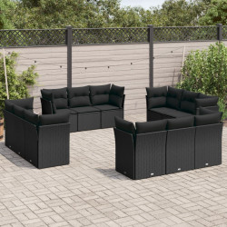 12 Pcs conjunto de sofás de jardim c/ almofadões vime PE preto