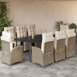 9 Pcs conjunto de jantar p/ jardim com almofadões vime PE bege